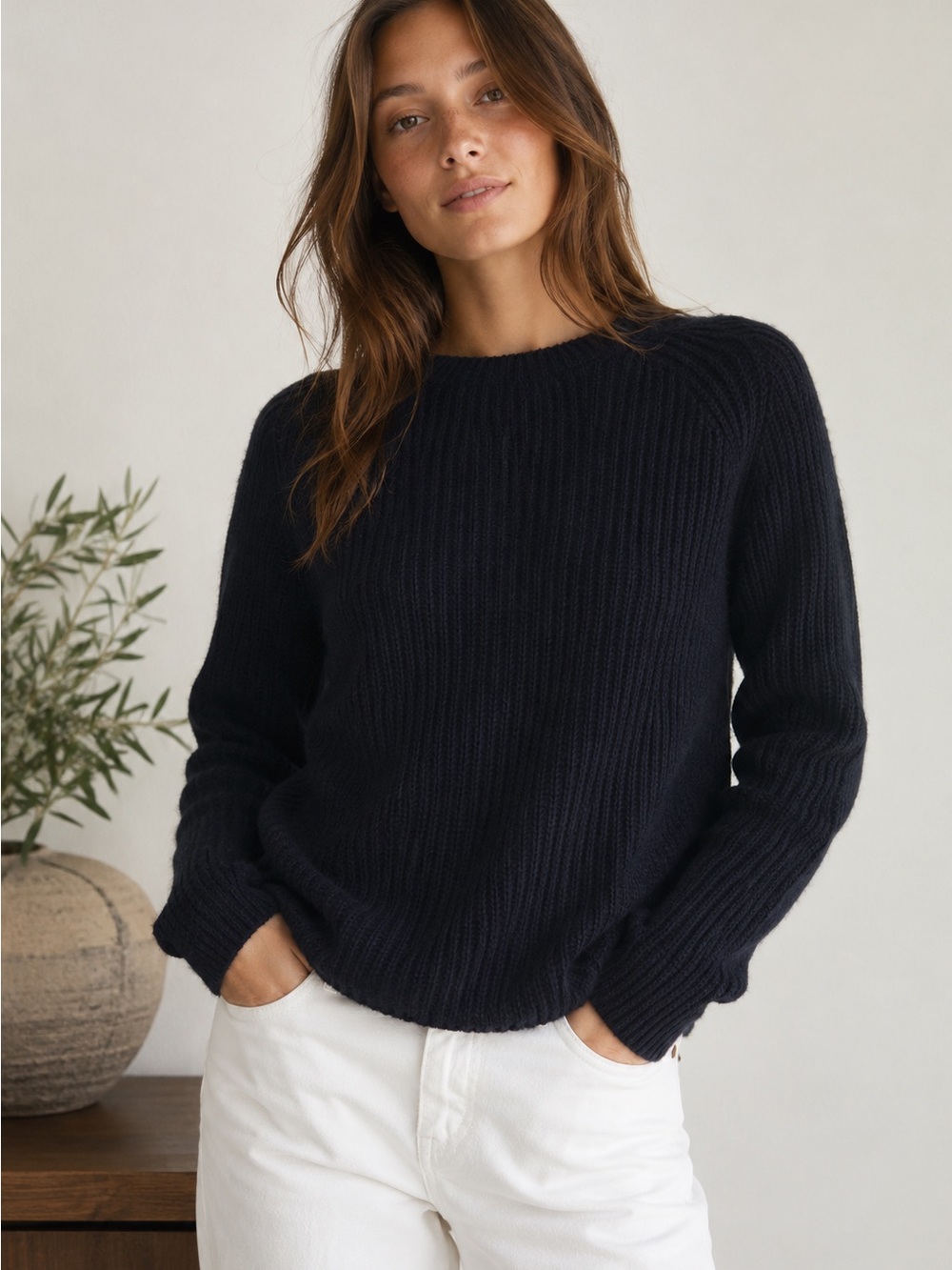 Quince Navy Ribbed fisherman Crewneck Sweater